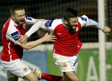 Killian Brennan of Pat's celebrates scoring his sides second goal from a penalty with Conan Byrne.