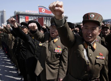 North Korean army officers at a rally at Kim Il Sung Square in Pyongyang in North Korea on Friday