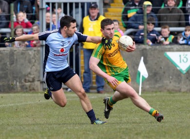 McBrearty in action against Kevin O'Brien during the Ballybofey draw.