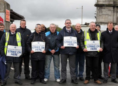 Members of the NBRU picket outside the Bus Éireann depot in Broadstone yesterday.