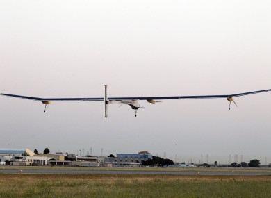 The Solar Impulse plane takes off on a multi-city trip across the United States from Moffett Field NASA Ames Research Center in Mountain View, California today