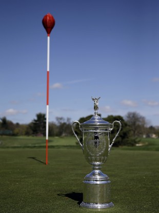 The famous wicker and the US Open trophy, won last year by Webb Simpson.