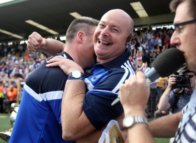 Mon the lads: A delighted Malachy O'Rourke celebrates after yesterday's Ulster SFC final.