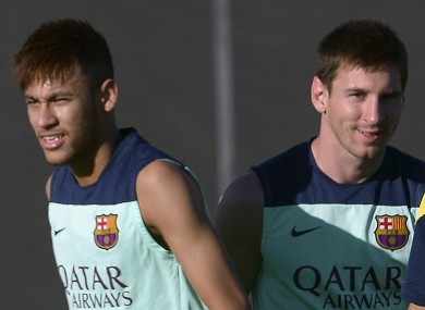 Neymar and Lionel Messi during training.