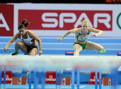 Yanit, left, beat O'Rourke and Nooralotta Neziri in the European Indoor 60m final in March.