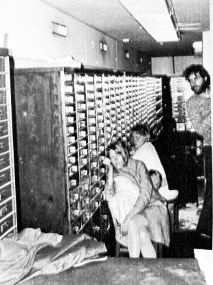 A police-released photograph of three of the four hostages in the 1973 Stockholm bank robbery - one of the criminals, Clark Olofsson, is seen standing to the right. This pic was taken on 27 August, 1973.