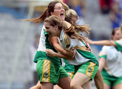 Emma Dalton and Mairead Daly of Offaly celebrate at the final whistle.