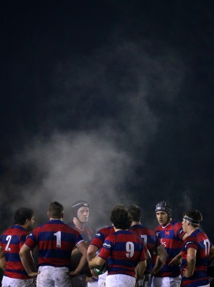 Clontarf players regroup before a scrum in a recent Ulster Bank League game.