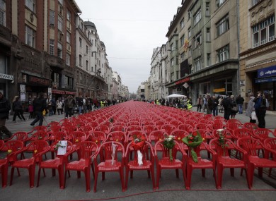 11,541 red chairs on a main street in Sarajevo last year to mark those who were killed during the Bosnian war.
