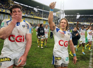 File picture of Nathan Hines and Gerhard Vosloo celebrate a Heineken Cup home win over Montpellier in April.