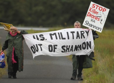 File photo of Shannon Peace activists Niall Farrell and Margaretta D'arcy attempting to block the runway of Shannon Airport