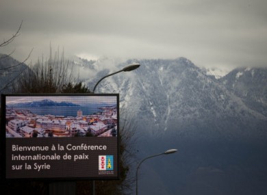 A giant screen at the entrance of the Swiss resort of Montreux welcomes to this week's Syria peace talks