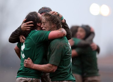 Claire Molloy, Larissa Muldoon and Joy Neville celebrate Ireland's Grand Slam win last year.