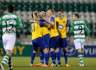 The Dundalk players celebrate with goalscorer Towell.
