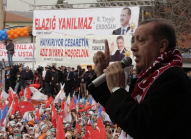 Turkish PM Recep Tayyip Erdogan addresses a rally of his Justice and Development Party in Elazig, Turkey,