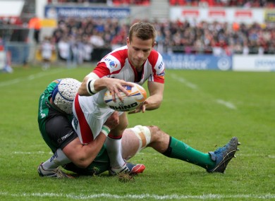 Paul Marshall stretches over to open the scoring at Ravenhill.