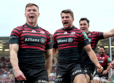 Saracens celebrate a try during their Heineken Cup win over Ulster.