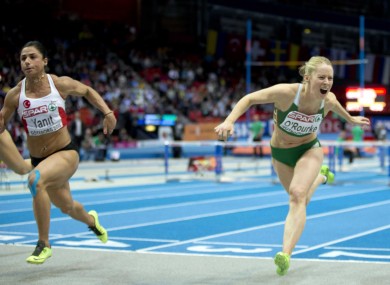 Too close: O'Rourke comes in fourth behind winner Nevin Yanit at last year's European Indoor 60 metre final.