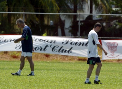 Mick McCarthy and Roy Keane at training circa 2002 just before the withdrawal of the latter from Ireland's World Cup squad .