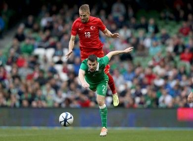 Seamus Coleman of Ireland with Caner Erkin of Turkey.