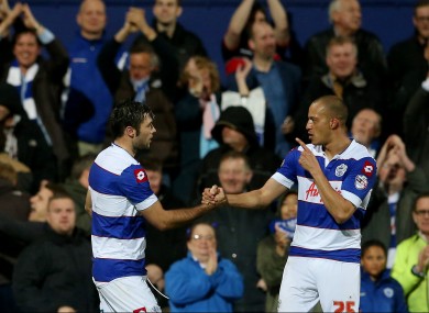 Charlie Austin of QPR celebrates with Bobby Zamora.