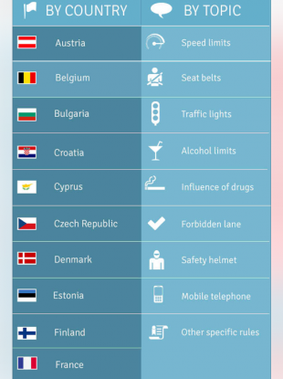 A screengrab of the by-country safety regulation menu on the 'Going Abroad' app.