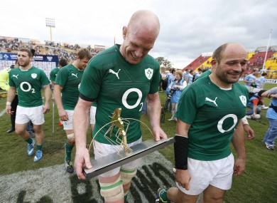 Paul O'Connell and Rory Best look somewhat bemused with their new trophy.