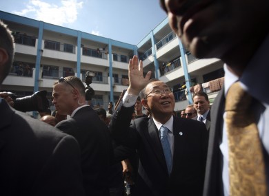 Ban Ki-moon visiting a U.N. school in Gaza yesterday.