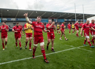 Munster thanks their fans at the AJ Bell Stadium on Saturday.