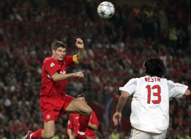 Gerrard leaps to head in the game-changing goal in the 2005 Champions League final.