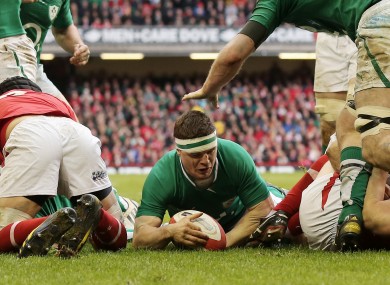 Brian O'Driscoll scores in Cardiff in 2013.