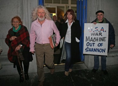 Campaigner Margaretta D'arcy, Independent TDs Mick Wallace and Clare Daly and campaigner Niall Farrell outside Ennis District Court