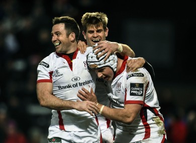 Ulster celebrate Luke Marshall's try.