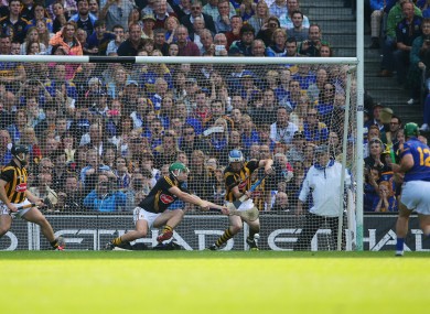 John O'Dwyer fires in a penalty against Kilkenny in last year's All-Ireland hurling final.