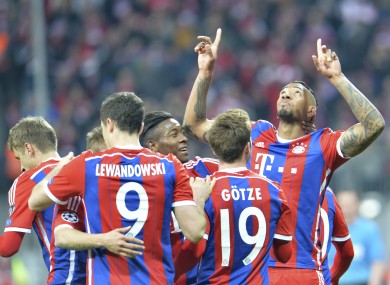 Jerome Boateng celebrates his goal for Bayern.