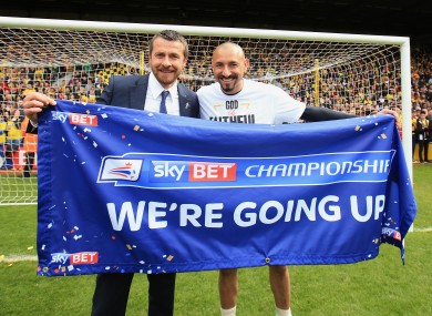 Watford manager Slavisa Jokanovic (left) and goalkeeper Heurelho Gomes celebrate promotion.