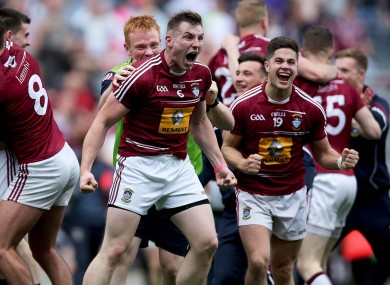 Westmeath players celebrate a famous victory at full-time.