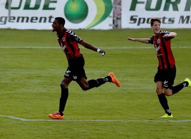 Ismahil Akinadi of Bohs celebrates scoring the first goal of the game.