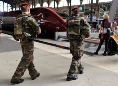 French soldiers patrol at Gare du Nord train station in Paris, France.