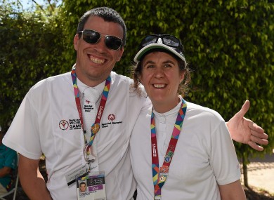 Thomas Connolly, a member of Nightriders Special Olympics Riding Club, from Coolaney, Co Sligo, with Elizabeth Mair, a member of Festina Lente Special Olympics Club, from Rathfarnham.