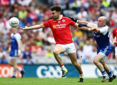 Tyrone's Tiernan McCann in action against Monaghan's Stephen Gollogly last Saturday.