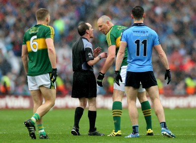 Donaghy speaks to referee David Coldrick after the incident.