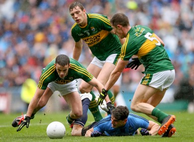 Kerry’s Shane Enright, David Moran and Jonathan Lyne with Bernard Brogan of Dublin.