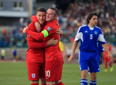 England's Ross Barkley (left) celebrates scoring his side's third goal of the game with Wayne Rooney.
