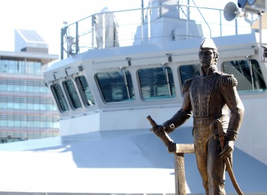 The statue of Admiral William Brown stands in front of the L.E. Samuel Beckett at last year's naming ceremony.