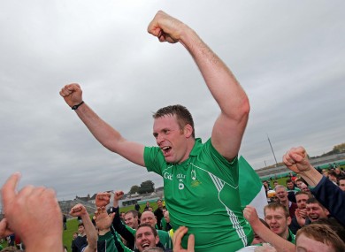 Coolderry's Joe Brady celebrates with supporters at the end of today's Offaly SHC final at O'Connor Park, Tullamore.