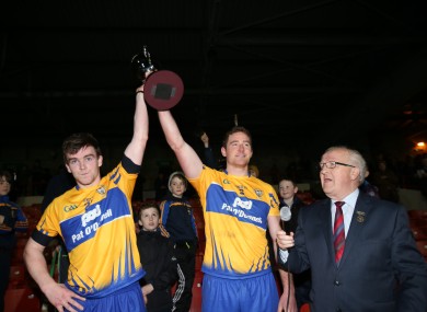 Joint Clare captains Tony Kelly and Cian Dillon lift the cup.