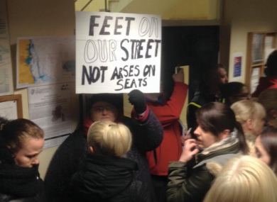 Protesters demonstrate at Shankill Garda Station last night.