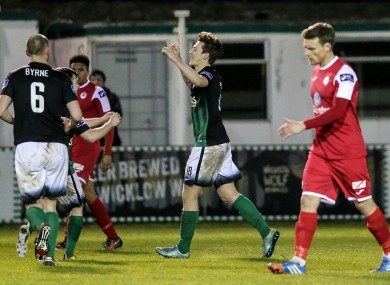 Bray's Andrew Lewis celebrates a late goal.