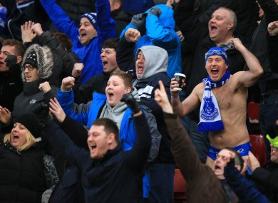 Everton away fans at the Britannia Stadium.